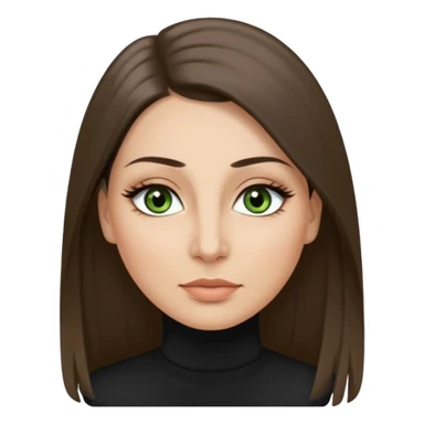 40 year old Adult woman avatar, light skin tone, oval face, long straight ashy brown hair, green almond-shaped eyes with dramatic eyelashes and minimal eyeliner, neutral mouth, medium straight eyebrows, small nose, smooth skin sticker