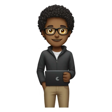 young curly guy with black glasses and laptop sticker