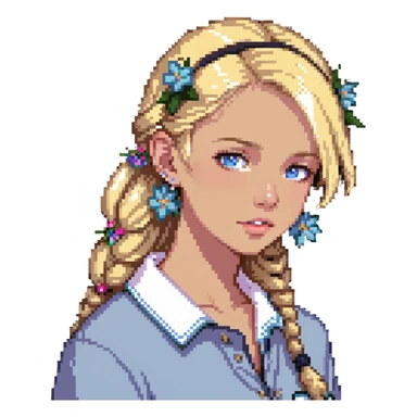 preppy coastal teen girl with blue eyes, beach blonde hair, tan skin, small flowers in her ear, preppy beach outfit sticker