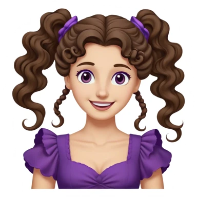 Femme aux cheveux longs et bruns, attachés en une queue-de-cheval haute et bouclée. Une mèche retombe sur son front. Elle porte une robe violette de style antique et a un sourire espiègle. sticker