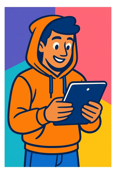 a man wearing a hoodie holding an iPad, modern illustration, vibrant toon style sticker