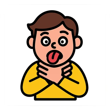 person pretending to choke themselves in a slapstick, exaggerated way, silly face, tongue out, comical hands on neck, vibrant colors sticker