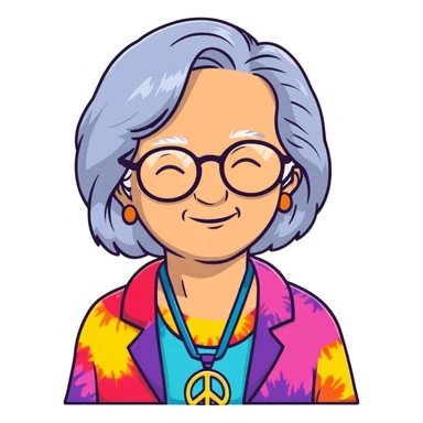 Elderly woman with long gray hair, peace sign necklace, colorful tie-dye clothing, round glasses, hippie grandma with a relaxed smile sticker