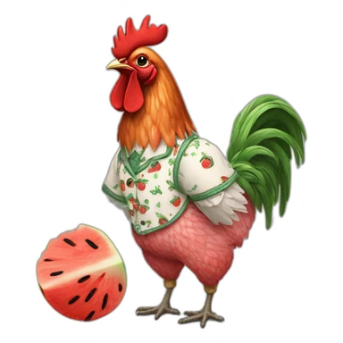 A COCKEREL IN AN EMBROIDERED SHIRT WITH A WATERMELON IN HIS HANDS sticker