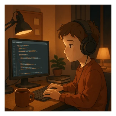 a boy with headset, focused on coding, cozy desk setup with coffee mug and ambient lighting, warm and comfortable atmosphere sticker