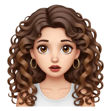 cute girl with not volominous VERY LONG curly/wavy brunette hair with balayage, brown eyes, full lips, cute makeup and hoop earrings white girl: shocked face sticker