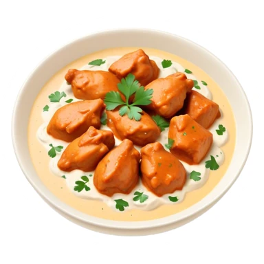 Butter Chicken Cinematic Realistic Butter Chicken Dish Emoji, depicted as tender chicken pieces sliced up and bathed in a creamy white sauce garnished with fresh cilantro, rendered with rich textures and vibrant, appetizing lighting. sticker