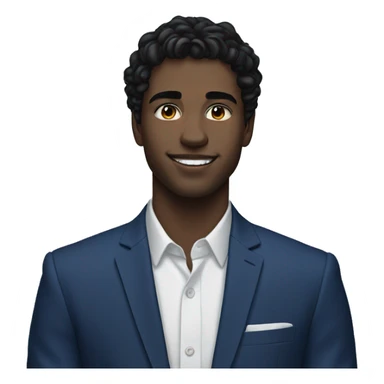 26 year old male portrait, small yes, black wavy hair, blue suits, class, white skin sticker