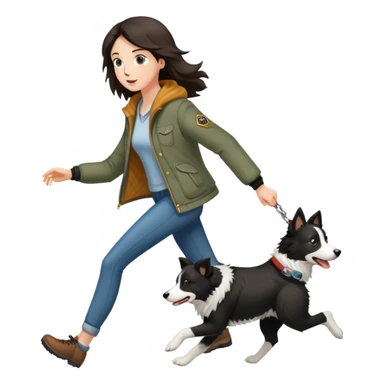 A beautiful tall girl with fair skin wearing a jacket chasing a Border Collie sticker