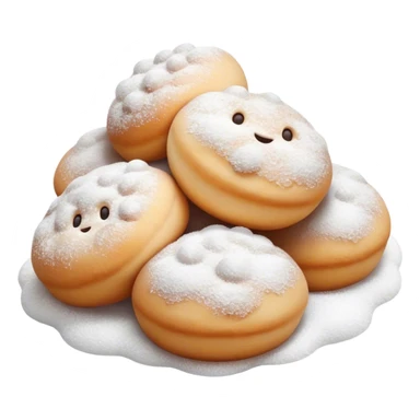 Cinematic Realistic Fritule Dessert Emoji, featuring small, fluffy dough balls dusted with powdered sugar rendered with delicate textures and warm, inviting lighting. sticker