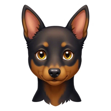 Cinematic Noble Black and Tan Kelpie Portrait Emoji, Poised and regal, with a strong, agile build and a glossy, well-groomed Fur of deep black and tan accents, piercing dark eyes, Simplified yet sharp and sophisticated features, highly detailed, glowing with a soft, dignified glow, high shine, intelligent and energetic, stylized with an air of determination, focused and attentive, soft glowing outline, capturing the essence of a watchful and confident herder, so majestic it feels as though it could bound out of the screen with effortless authority! sticker