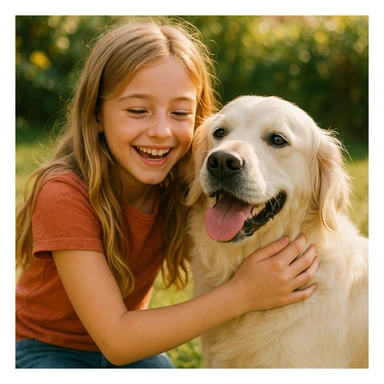 dirty blonde girl with long hair and dark blue eyes, petting an English cream golden retriever, cheerful atmosphere sticker