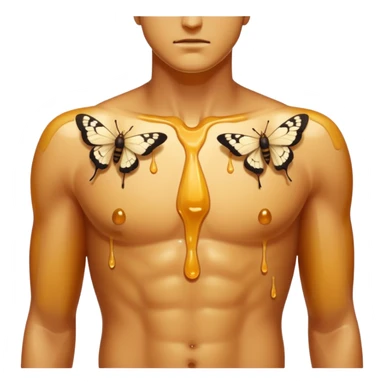 close up male torso with honey gloss drip and moths nearby sticker
