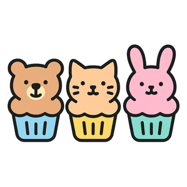 mini cupcakes with animal faces of bear, cat, and rabbit, soft pastel tones, lineal color icon with black outlines, transparent background sticker