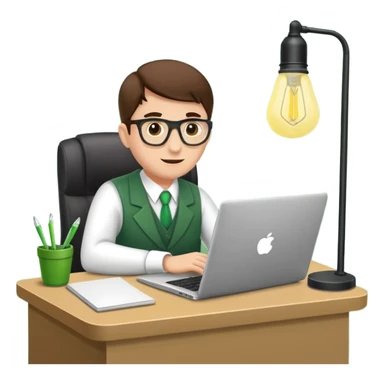 Mach mir einen Trader mit Anzug der mit seinem Laptop am schreibtisch sitzt mit so einer alten grünenlampenschirm lampe sticker