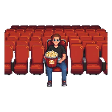 Pixel art person sitting in movie theater chair with popcorn bucket, watching big screen sticker
