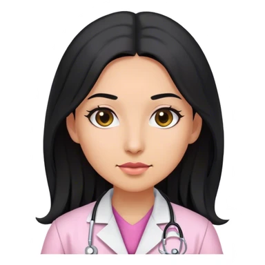 Female doctor wearing pink undershirt and lab coat with long black hair and olive skin sticker