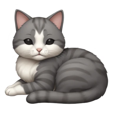 dark grey and white small cat with his eyes closed, leaning his head on his paw while leaning on his elbow lying down sticker