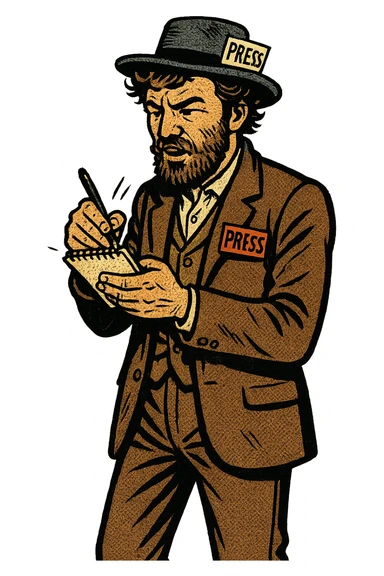 The full body of a scruffy American male journalist from the 1880s holding a note pad and pen. He is wearing a 'press' badge on his chest. sticker