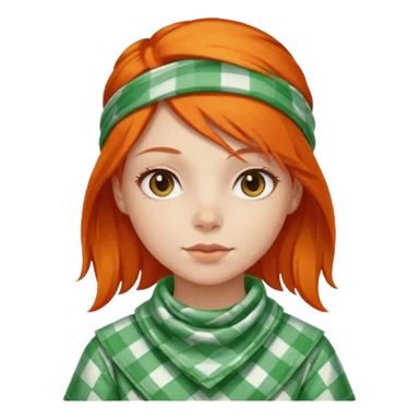 girl orange hair, wear red and white checkered bandana, green dress sticker