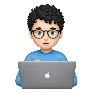 A baby boy DEVELOPER WITH A laptop, black curly hair and topknot, wearing glasses sticker