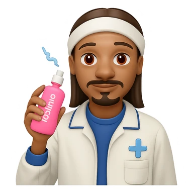 Change the baby oil bottle to pink, keep Snoop Dogg holding it, in emoji style with no background. sticker