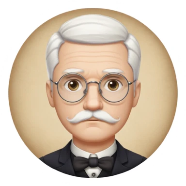 Hair: Likely a neat, early 1900s style haircut, possibly parted to the side.
Facial Hair: He had a mustache in some photos.
Eyesight: He wore round or oval glasses.
Demeanor: He often had a serious, thoughtful expression, white hair and white mustache sticker