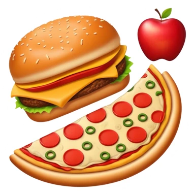 A fun fusion food emoji where a burger, pizza slice, french fries, and an apple are combined into one wacky fast food item sticker