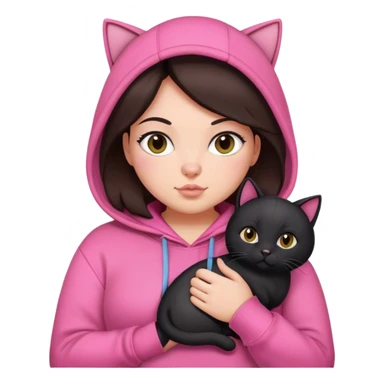 curvy girl with dark brown hair in pink hoodie with black cat on her hand sticker