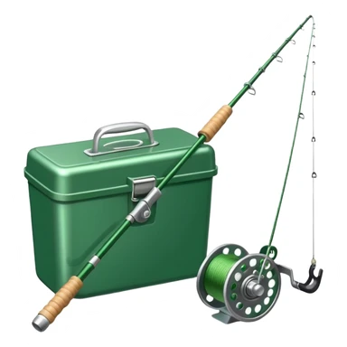 A fishing rod with reel and line neatly coiled beside a bait box. sticker