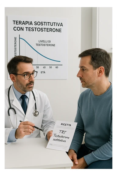 a man in his 40s sits in a doctor’s office, listening attentively as a physician explains TRT (Testosterone Replacement Therapy). The doctor holds a prescription pad and points to an educational chart showing testosterone levels. The mood is professional and informative, with a clean, clinical background. scritte in italiano sticker