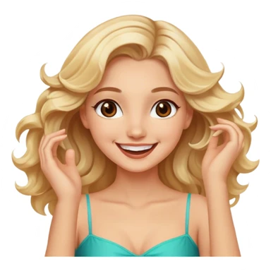 Pretty blonde model, brown eyes, soft wavy hair, super excited and happy dance sticker