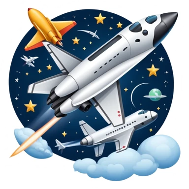 An icon featuring a space shuttle, a drone, and an airplane against a starry sky, symbolizing aerospace technology. The design includes rocket boosters and satellite orbits, representing the exploration of space and advanced aviation. Transparent background sticker