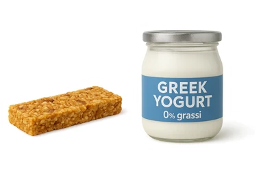 BARRETTA ENERGETICA E BARATTOLO DI YOGURT GRECO CON  LA SCRITTA "0% grassi" SULL'ETICHETTA  , ISOLATA SU SFONDO BIANCO sticker