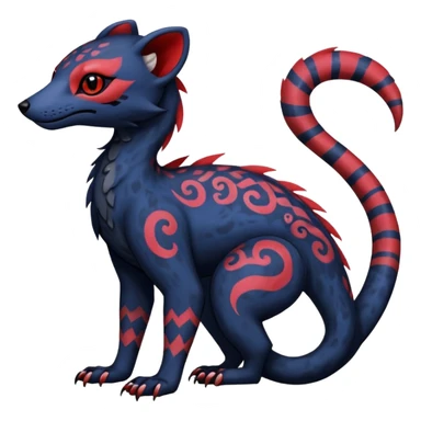 Rare warm-colored exotic gloomy tropical edgy cute epic aesthetic spooky indigo violet white black red gothic colorful Salandit-Salazzle-Civet-species-Fakemon-hybrid-creature, with tribal tattoo markings, full body sticker