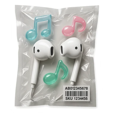 pair of white EarPods with three floating glass music notes in pastel blue, pink, and mint, glossy and inflated sticker