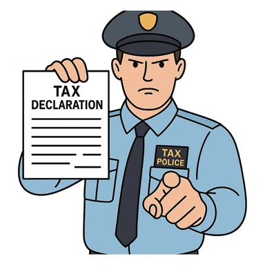 Используя такую стилистику как на картинках сгенерируй инспектора налоговой полиции, который показывает на зрителя декларацию и сурово смотрит, прозрачный фон sticker