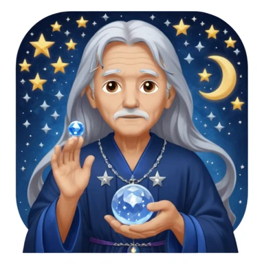 The Dream Interpreter will be depicted as an elderly figure with long, silver hair and a piercing gaze.  He will be dressed in a long, dark blue robe, decorated with embroidered stars and moons.  🌟 He will hold a crystal ball 🔮 in his hand, in which hazy images of dreams can be seen sticker
