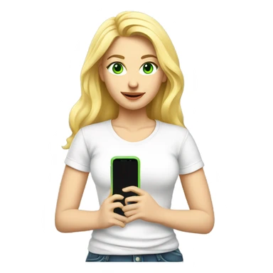 blonde woman, fair skin, green eyes, cell phone in hand, full body, t-shirt white sticker