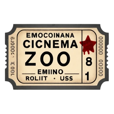 Minimalist emoji-style sticker of an old torn cinema ticket, with faded text “EMMO”, blood-stained edges and burn holes, grayscale paper

 sticker