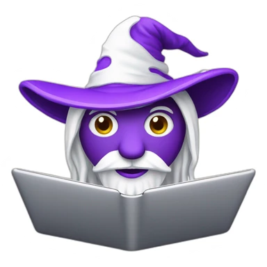 white magician with a purple magic hat working on a macbook sticker