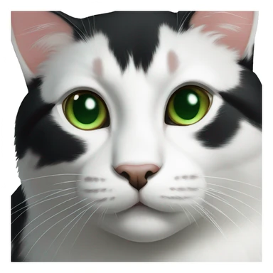 A black cat with green eyes with a white chin, with a thin white stripe on the nose on the right side, with a white breast and white paws sticker