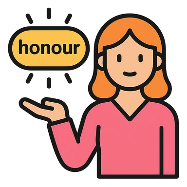 a woman presenting the word 'honour' as a glowing object, clean flat icon style sticker