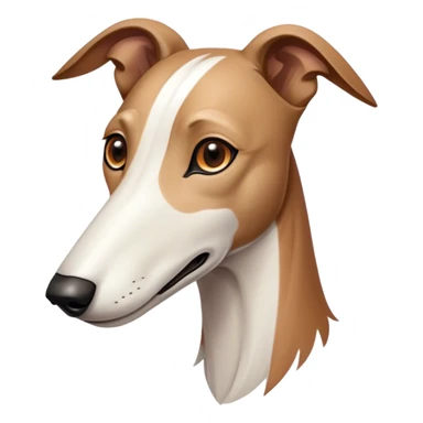 Cinematic Noble White and Brown Greyhound Portrait Emoji, Poised and regal, with a slender, aerodynamic build and a sleek Fur of pristine white accented by warm brown markings, deep-set soulful eyes, Simplified yet sharp and sophisticated features, highly detailed, glowing with a soft, dignified glow, high shine, intelligent and agile, stylized with an air of elegance, focused and attentive, soft glowing outline, capturing the essence of a watchful and swift companion, so majestic it feels as though it could dash out of the screen with effortless authority! sticker