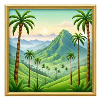 Cinematic Realistic Cocora Valley Landmark Emoji, featuring towering wax palm trees swaying in the misty green valley, with rolling hills and distant mountain peaks bathed in warm morning light. sticker