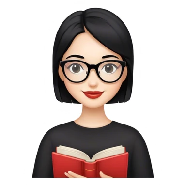 A girl with black hair and black glasses, elegant style, she smile and have a book in hands with the title: SelfLove sticker