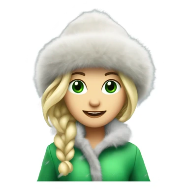 blonde girl with green eyes in a fur hat dancing in the snow full body sticker