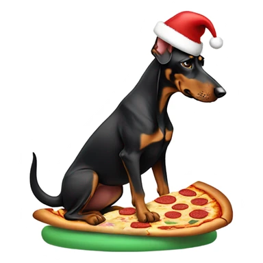 Doberman with Santa hat eating pizza sticker