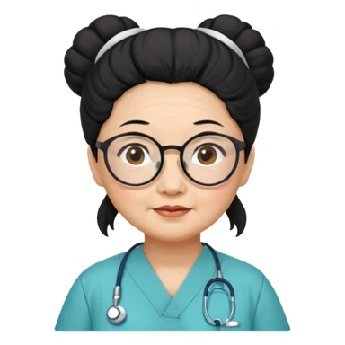 OLD ASIAN WOMAN WITH GLASSES, NURSE SCRUBS, HAIR BUN, BLACK HAIR, CHUBBY sticker