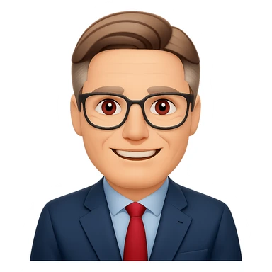 Add glasses to Keir Starmer smiling standing emoji, keep the background transparent. Maintain the original style and transparent background. sticker